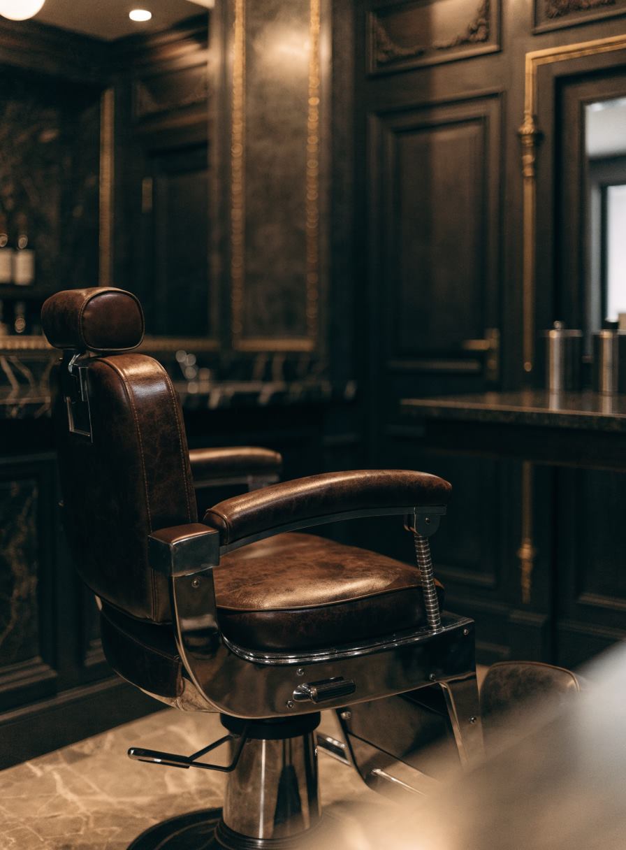 A salon website in the Luxe template, dark and photographic.